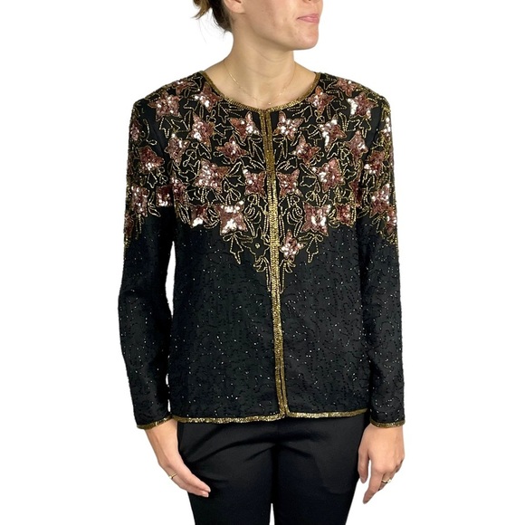 STENAY VINTAGE SILK SEQUIN BEAD EMBELLISHED FLORAL BRONZE HOLIDAY EVENING JACKET - Picture 1 of 16